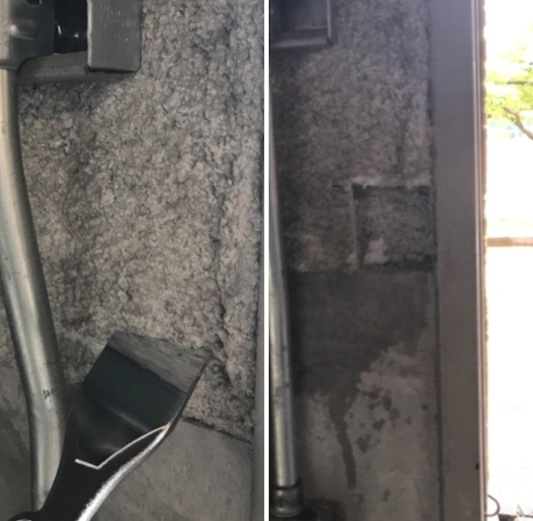 富山の学校の機械室のアスベストを、検査のために採取しているところ