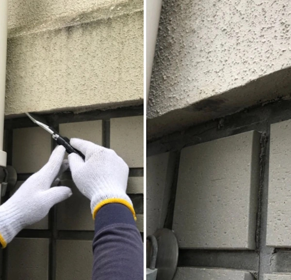 富山の学校の、外壁のアスベストの検体を採取しているビフォーアフター